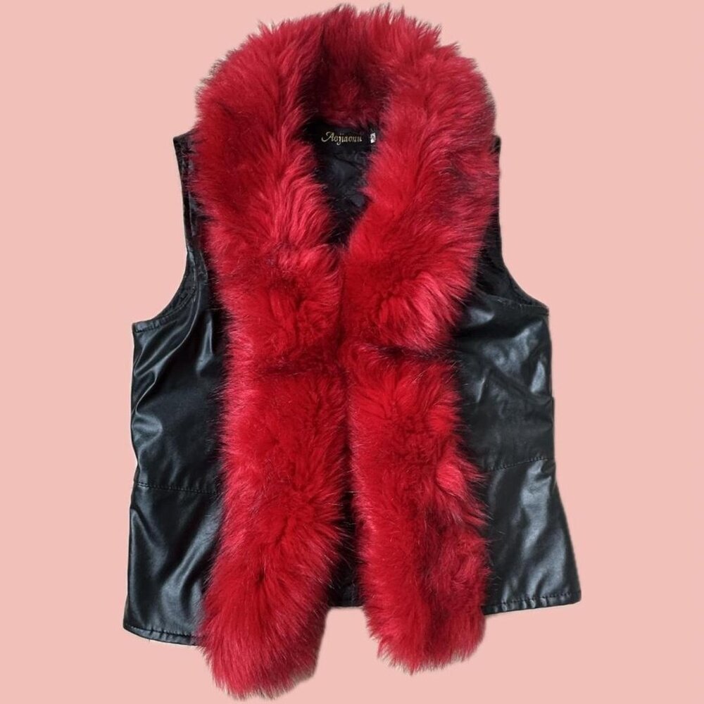 Vintage Faux Leather &amp; Fur Vest – Black & Red